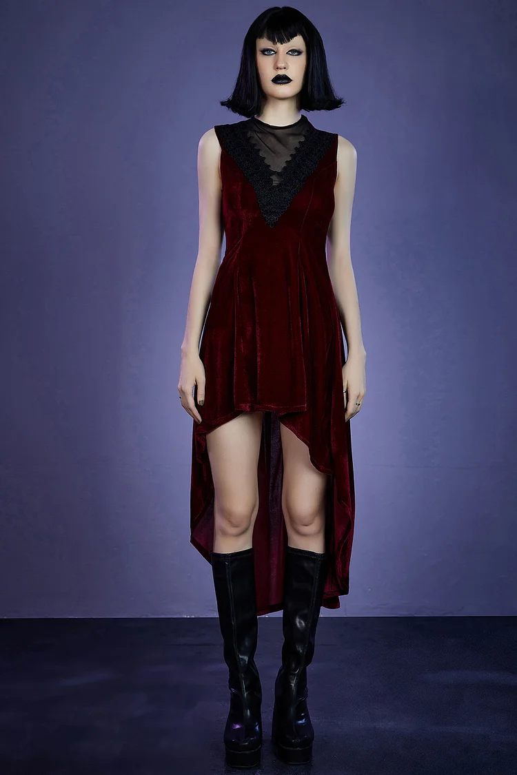 Gothic Red Party Velvet Lace Up High Low Midi Dress