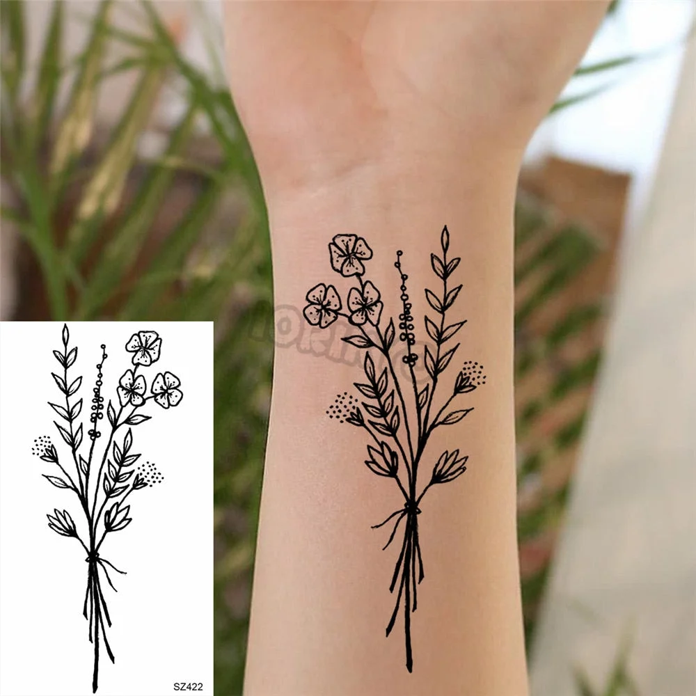 Black Pencil Sketch Henna Lotus Temporary Tattoos For Women Girls Realistic Planet Dandelion Fake Tattoo Sticker Back Arm Tatoos