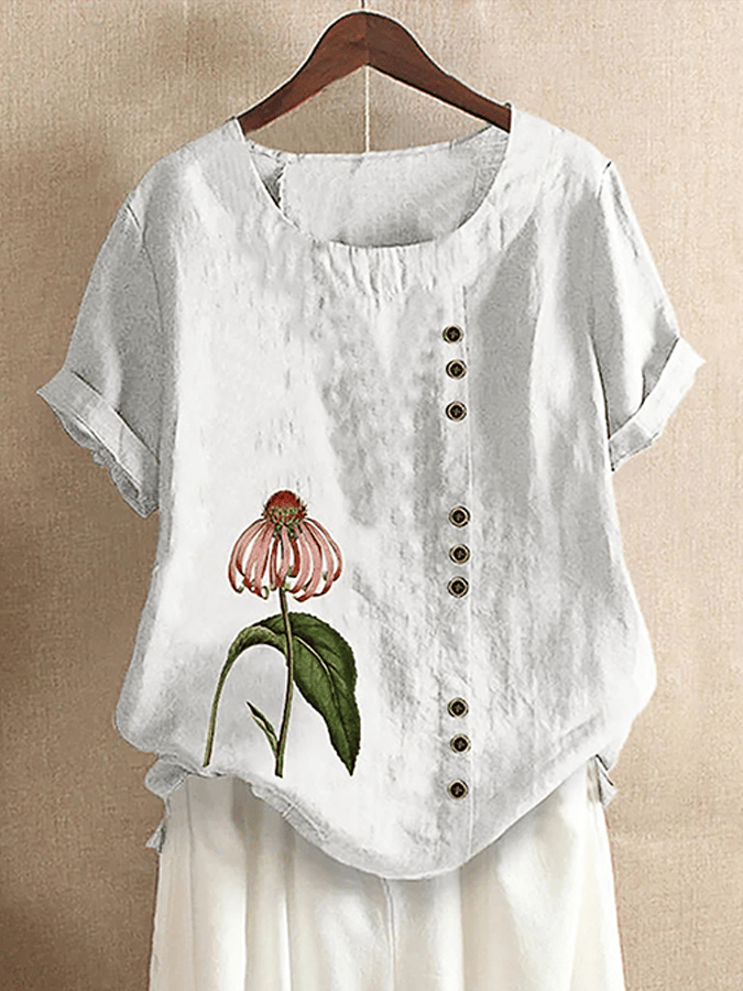 Women's Cotton Linen Buttons Floral Print Short Sleeve T-Shirt