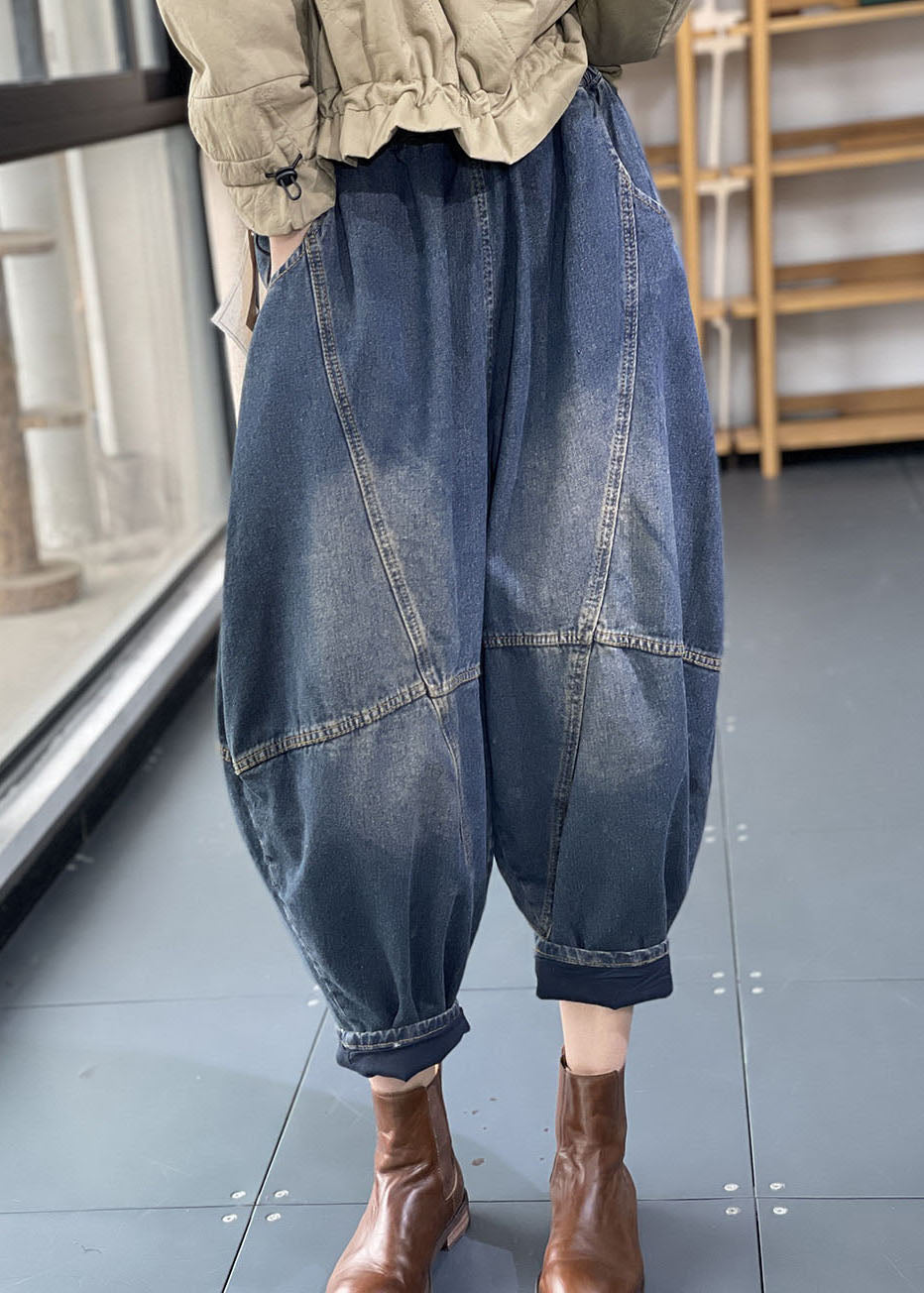 VCSHOES Denim Blue Elastic Waist Oversized Patchwork Cotton Harem Pants Fall