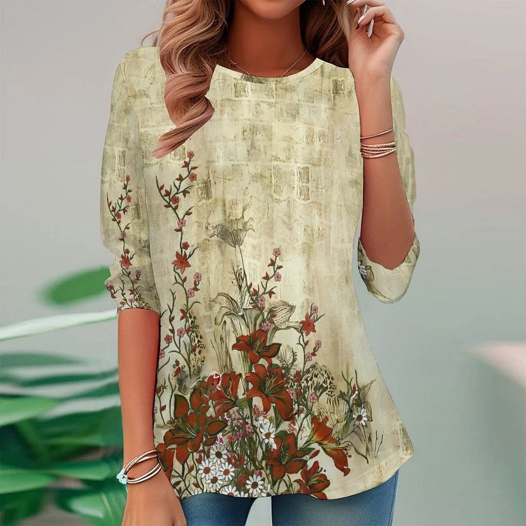 Vintage Printed Long Sleeve Plus Size Tunic for  Women and Men Unisex Pattern Floral,Red,Beige,Gray