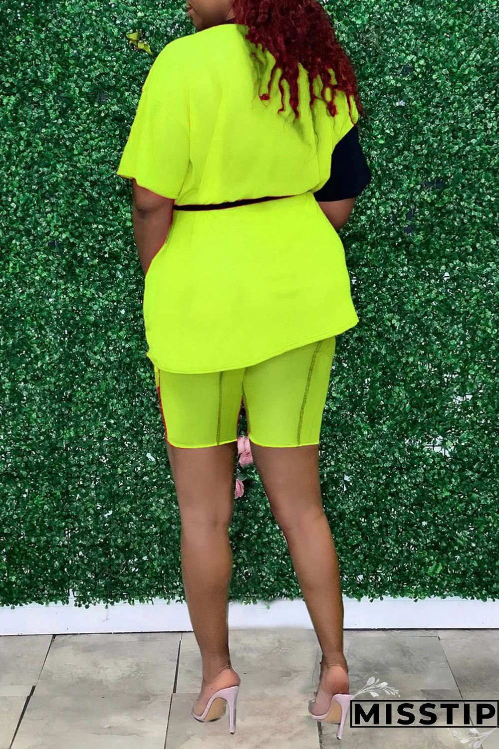 Fluorescent Green Fashion Casual Solid Patchwork O Neck Long Sleeve Two Pieces