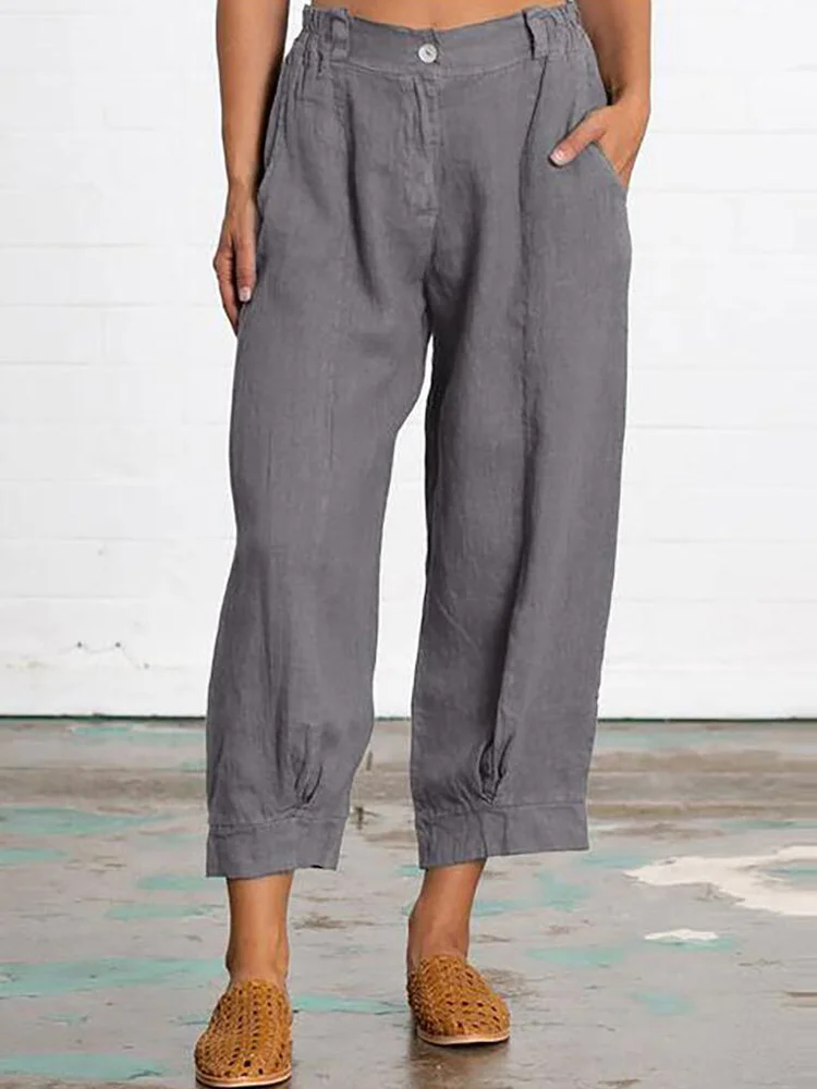 Nine-Point Solid Color Cotton And Linen Casual Pants