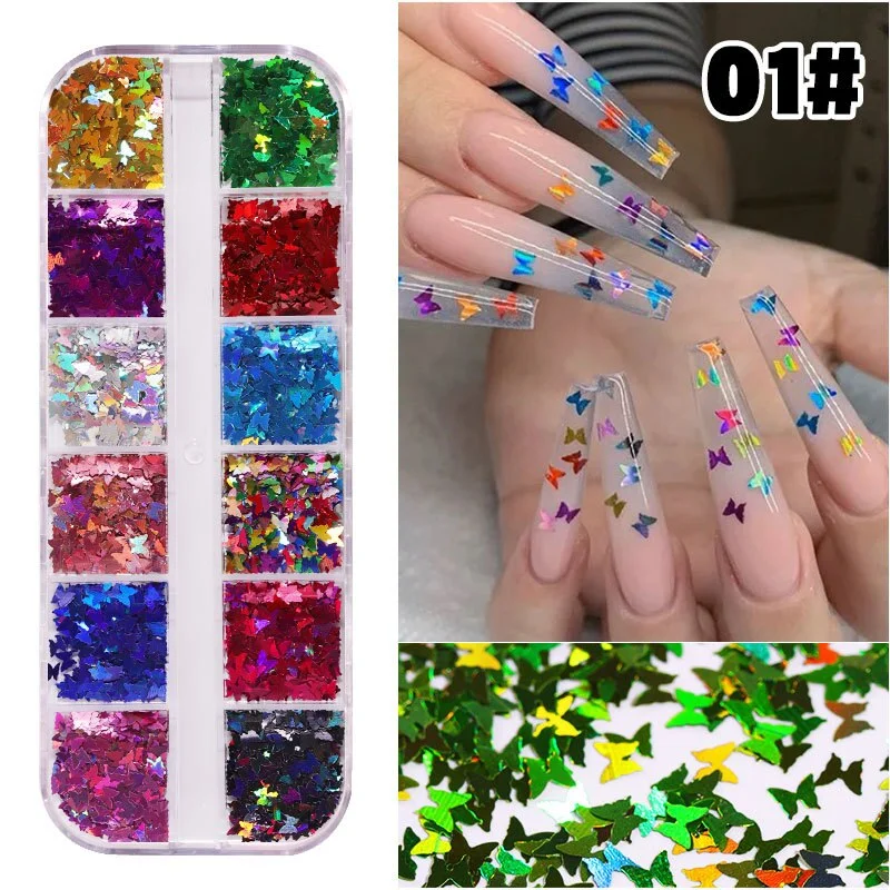 1 Box12 Grids Mixed Nail Art Deco Butterfly Patch Laser Symphony Star Butterfly Fluorescent DIY Nail Art Decoration Sequins