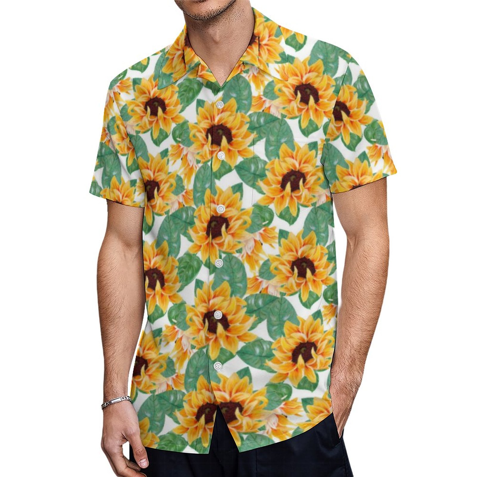 Pretty Sunflowers Yellow Green Pattern Hawaiian Shirt Mens Button Down Plus Size Tropical Hawaii Beach Shirts