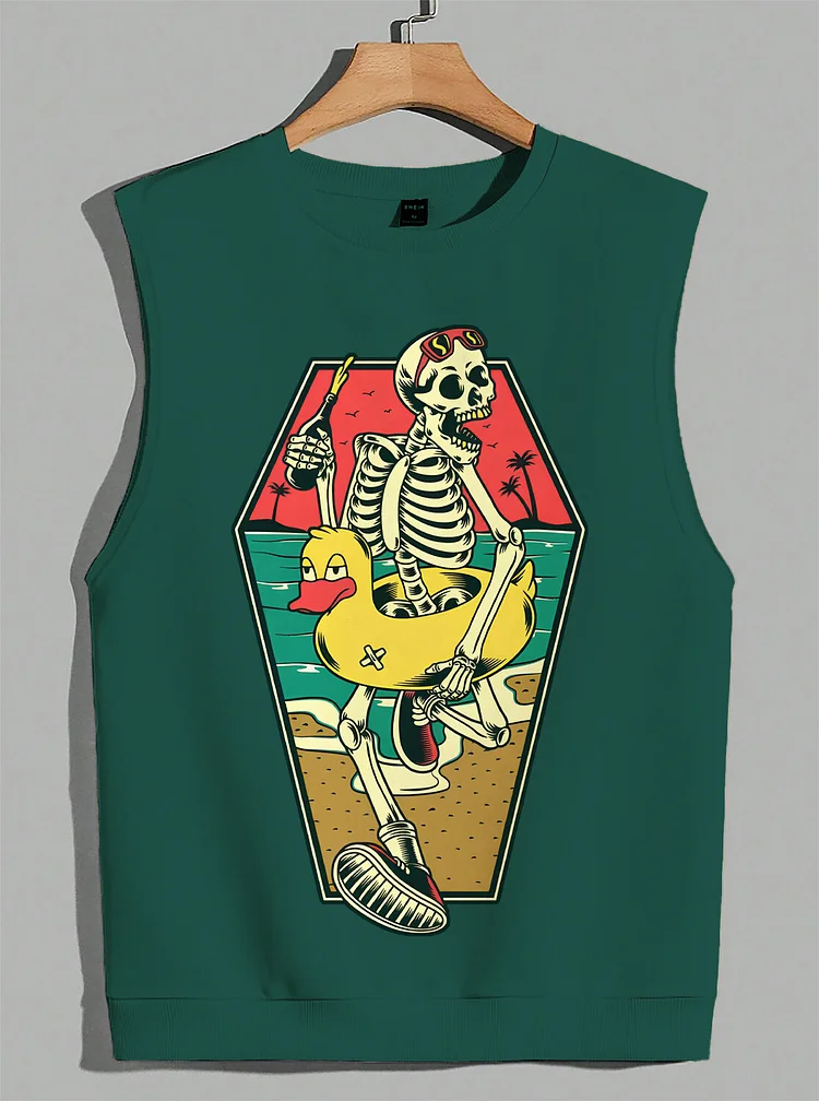 Men's Skeleton Vacation Art Print Cotton Tank Top