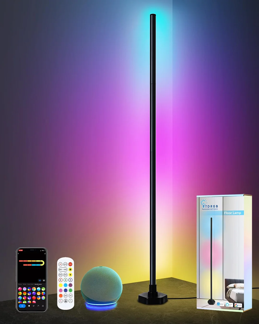 Led Corner Floor Lamp - Compatible with Alexa, Corner Light with Music Sync and RGB 16 Million DIY Colors for Living Room Bedroom Gaming Room