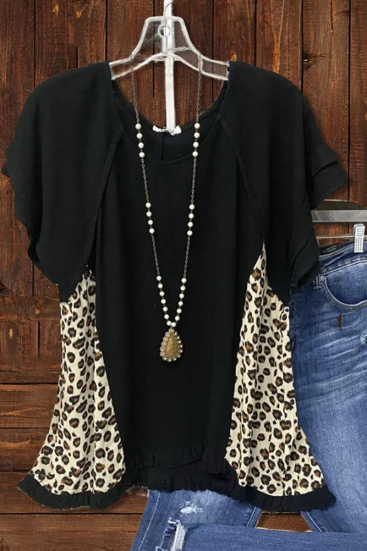 Leopard Print U-Neck  Short Sleeves T-shirt