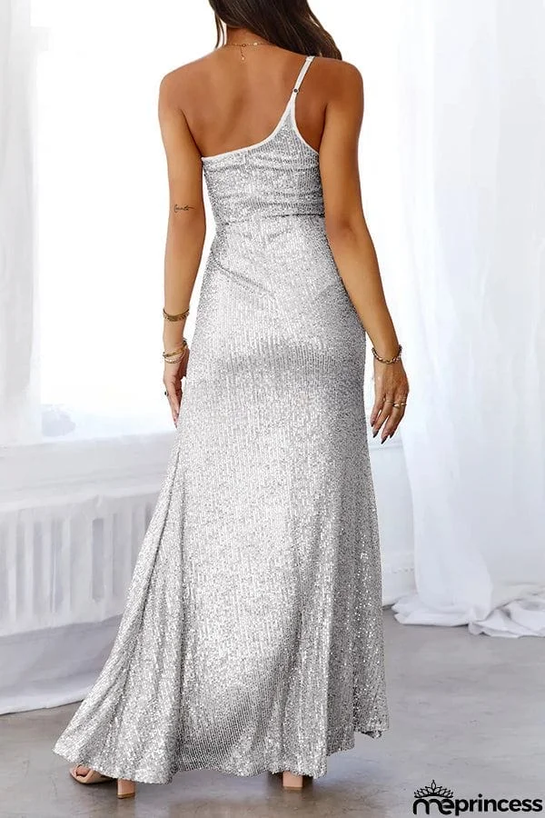 Stunning Views Sequined One Shoulder Slit Maxi Dress