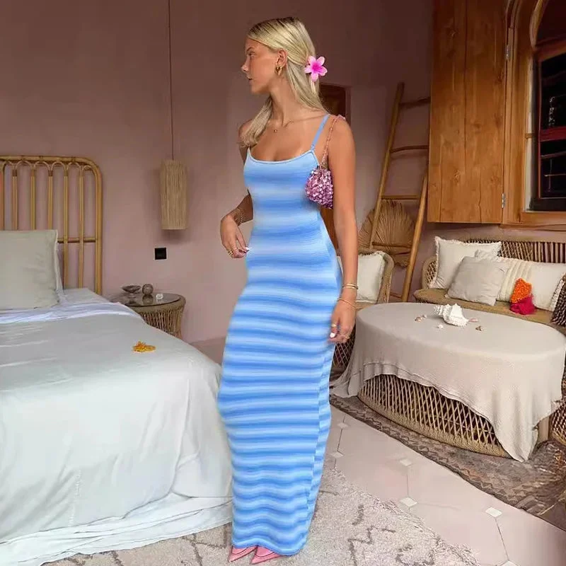Toloer Stripe Ribbed Strap Maxi Dress-Outfit Ideas