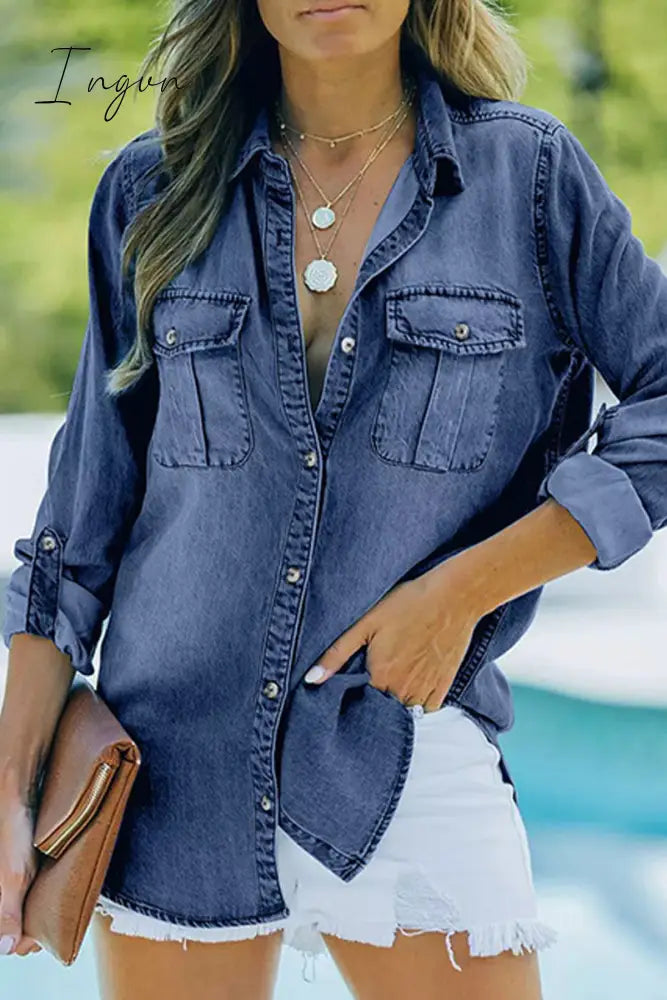 Ingvn- Casual Solid Pocket Turndown Collar Long Sleeve Loose Denim Jacket Blue / S Denim/Denim