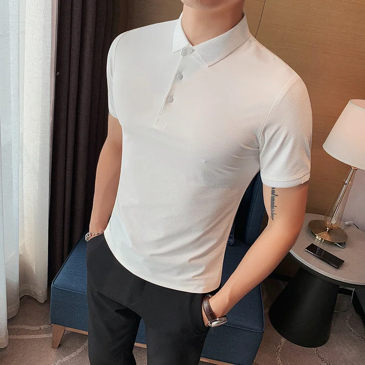 Men Polo Shirts Slim-Fit Stretch Striped Lapel T-shirt Men's Top