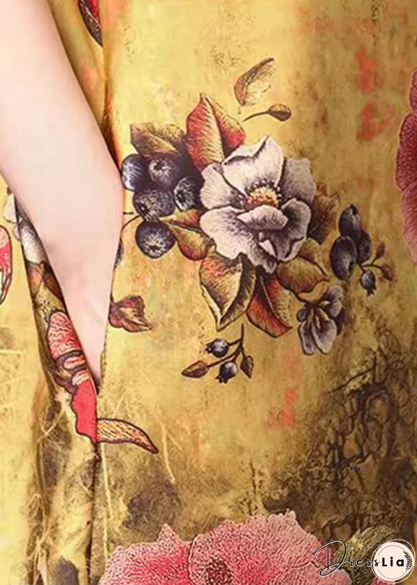 Yellow Stand Collar Pockets Floral Print Silk Two Pieces Set Short Sleeve