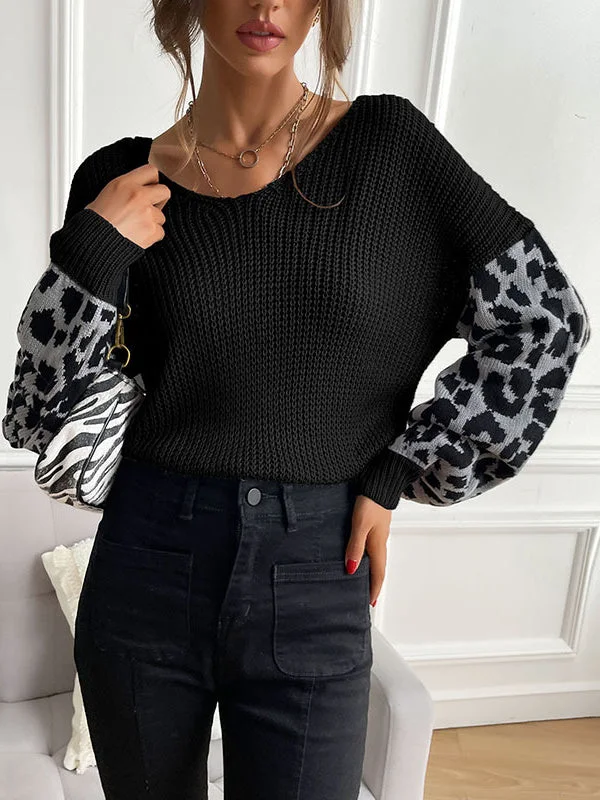 Leopard Print Round Neck Knit Pullover Sweater