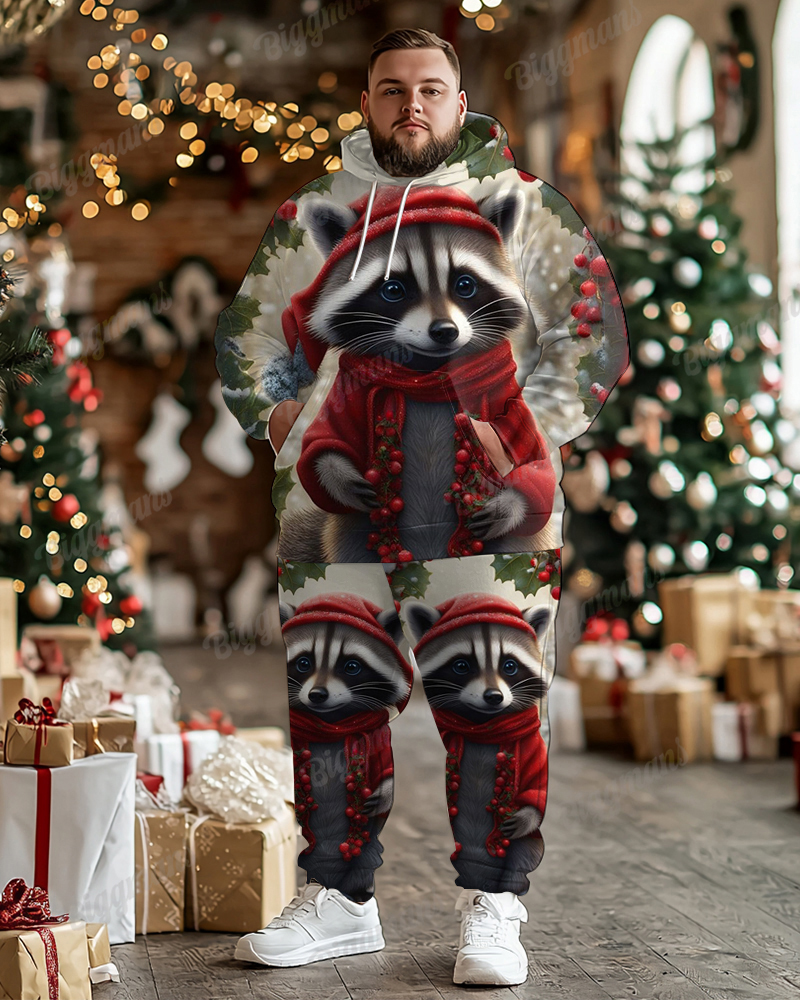 Men's Christmas Raccoon Red Scarf Print Plus Size Hoodie Suit