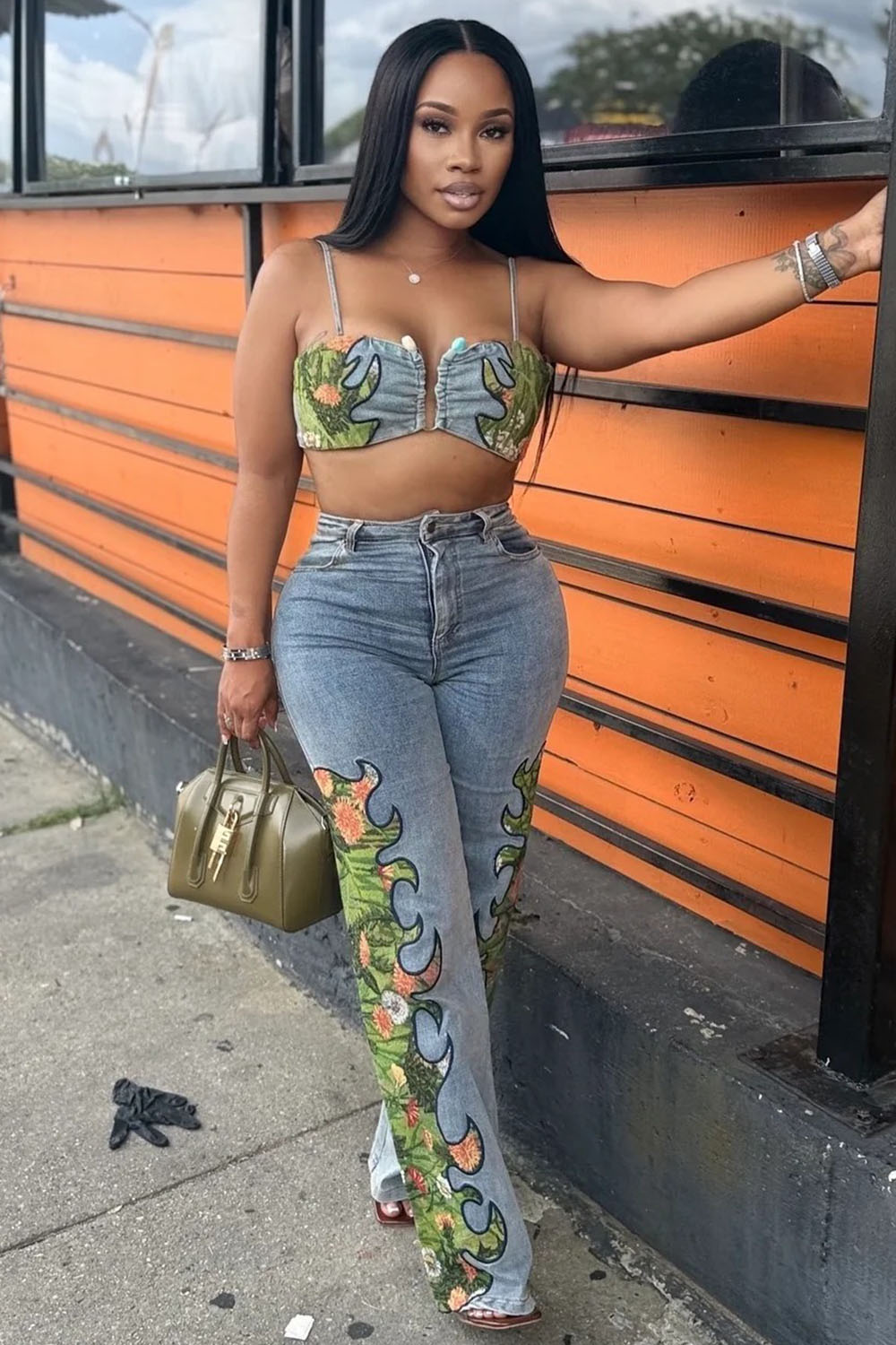 Notched Neck Cami Top Floral Embroidery Pants Denim 2pcs Set-Blue [Pre Order]