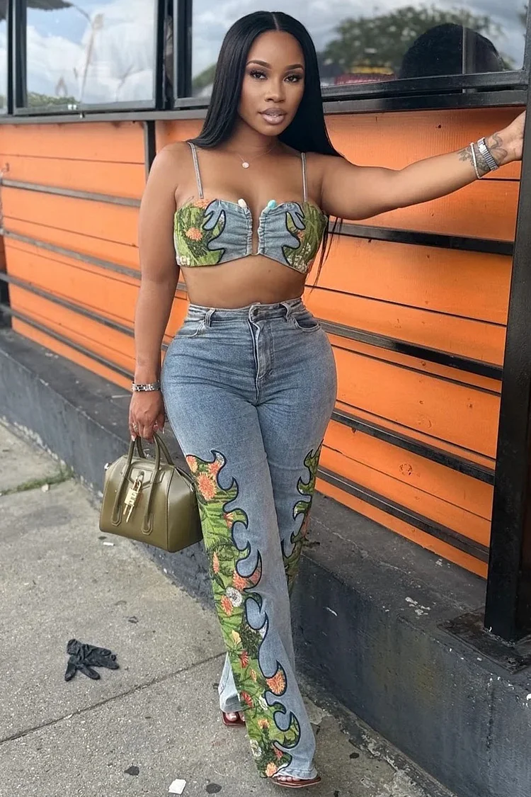 Notched Neck Cami Top Floral Embroidery Pants Denim 2pcs Set-Blue [Pre Order]