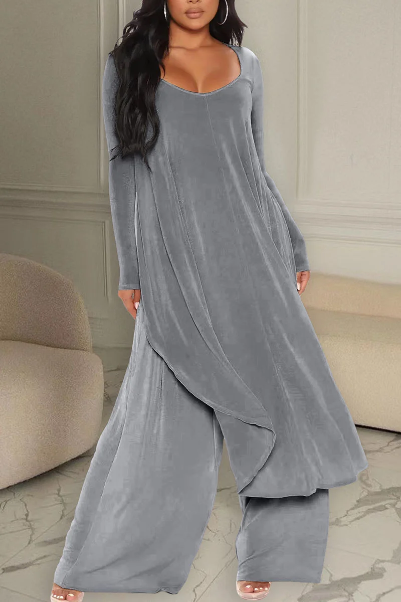 Grey Casual Solid Patchwork Asymmetrical O Neck Long Sleeve Two Pieces | EGEMISS