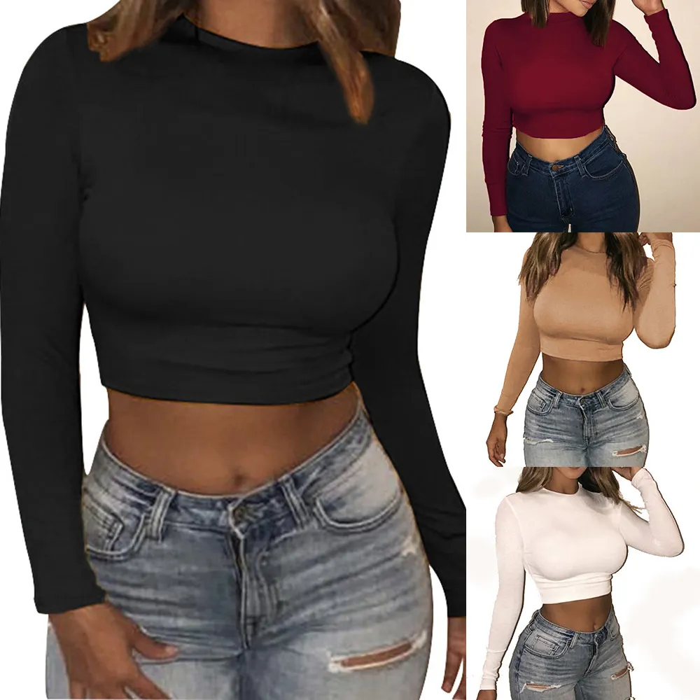 Women's Summer Sexy Slim Simple Solid Color Slim Fit Crop Long Sleeve T-Shirt Women