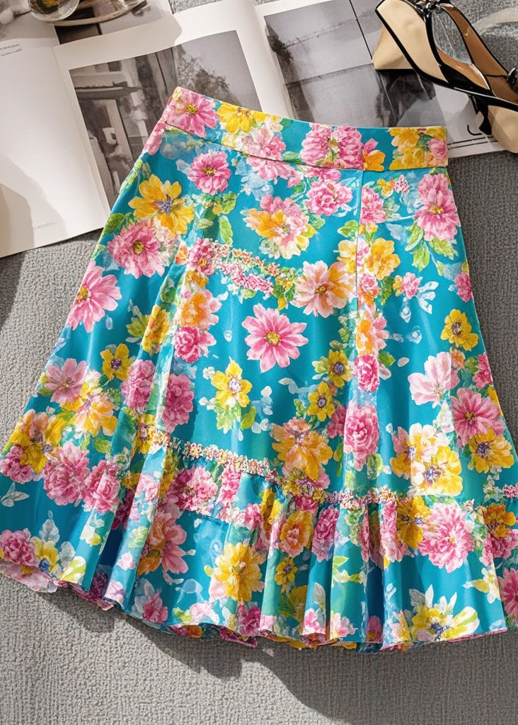 VCSHOES Blue Floral Print Chiffon Wraped Skirts Summer