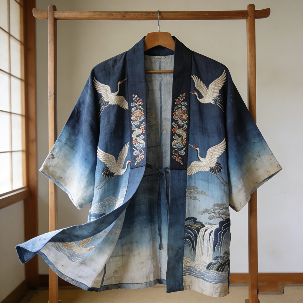 Vintage Japanese Style Crane Plant Tie-dyed Flowing Kimono  artssus