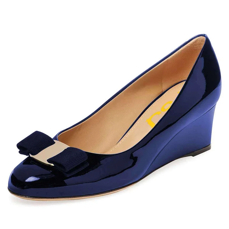 Navy Patent Leather Round-Toe Bow Embellished Wedge Pumps |FSJ Shoes