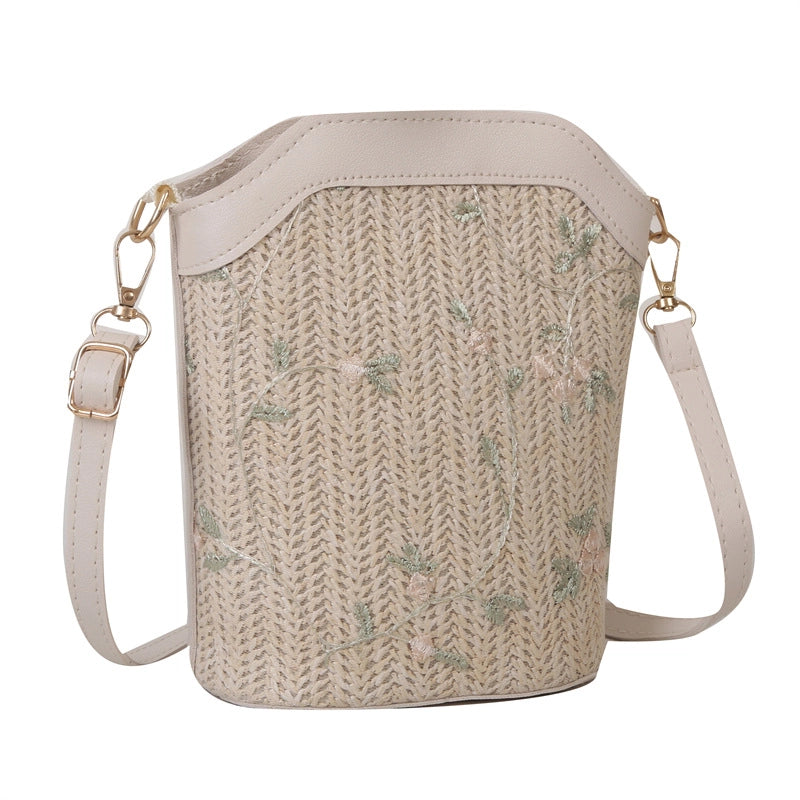 Women’s Small Straw Floral Streetwear Zipper Bucket Bag