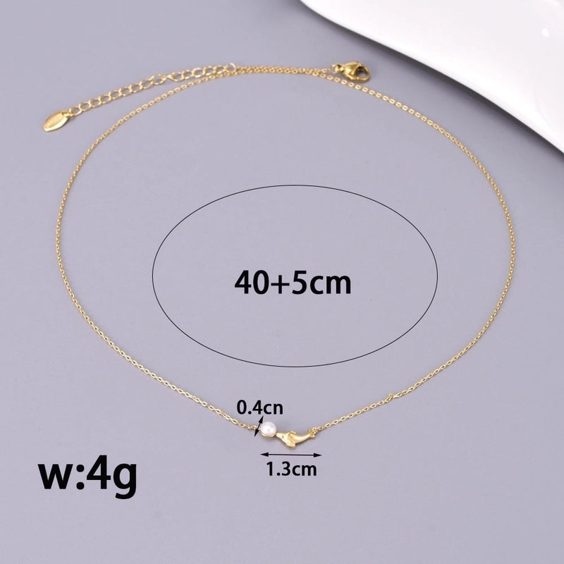 Cute Minimalist Dolphin 304 Stainless Steel Titanium Steel Pearl 18K Gold Plated Inlay Necklace