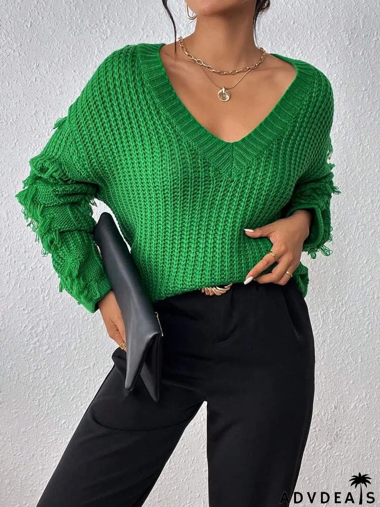 Fringe Trim Drop Shoulder Sweater