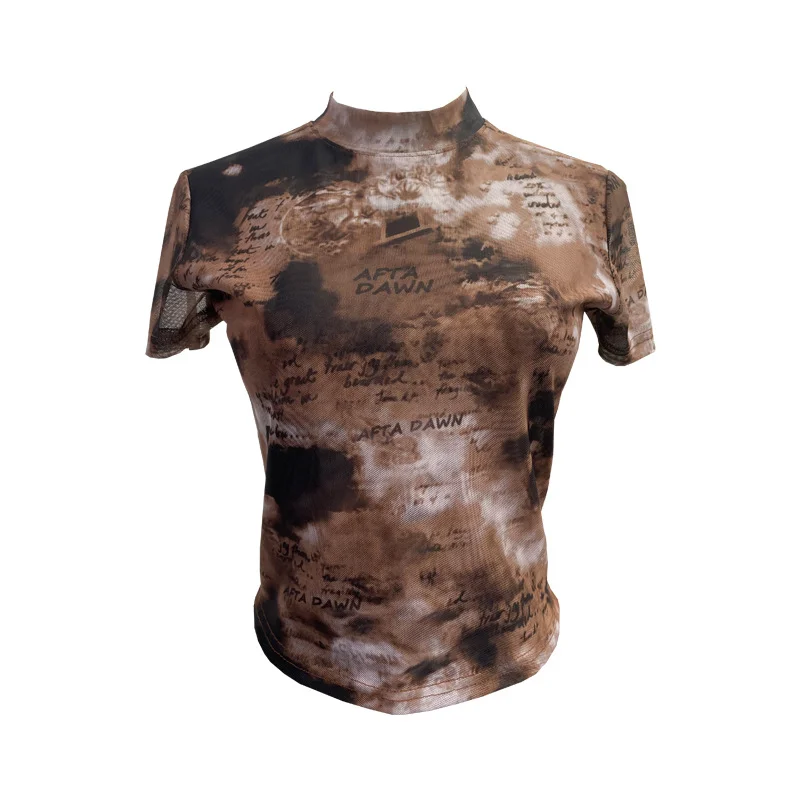 Nigikala Nigikala Shooting Retro Tie-Dye Double-Layer Mesh Half-High-Neck Short-Sleeved T-Shirt T-Shirt Short-Sleeved T-Shirted Woman 8833