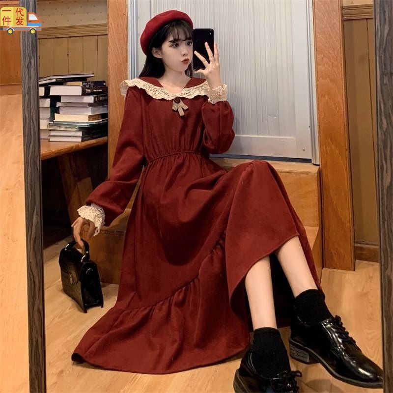Autumn Retro French Waist Trimming Versatile Slimming Mid-length Dress Hepburn Style Long Sleeve Temperament Jumpsuit