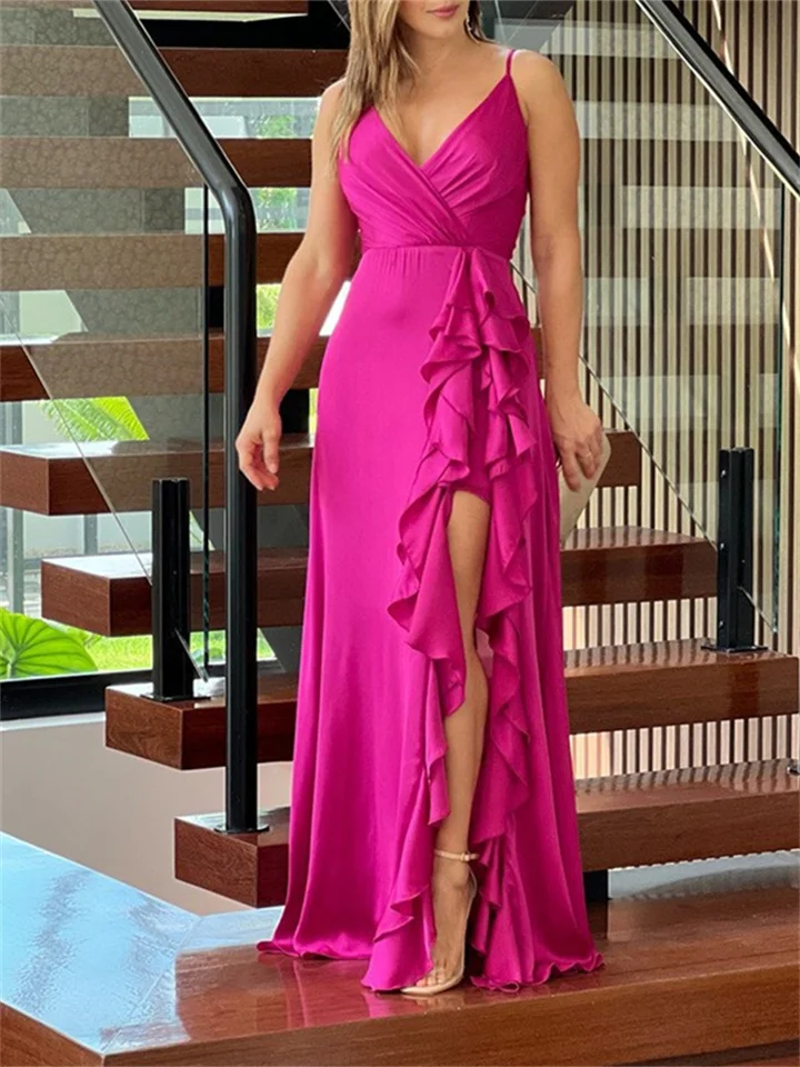 Suspender V-Neck High Waist Ruffle Irregular Split Dress Long Skirt