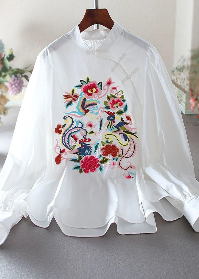 Vintage White Embroidered Chinese Button Cotton Blouse Top Spring