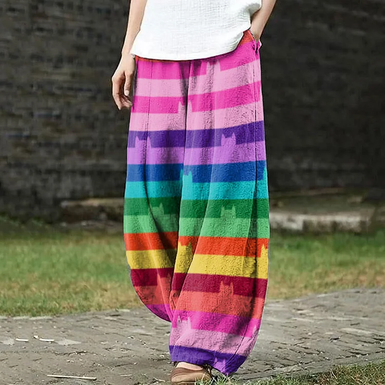 Rainbow Cat Print Casual Pants