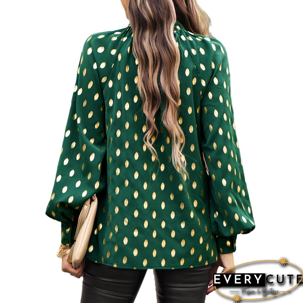 Green Notched Neck Pleated Cuffs Long Sleeve Tops