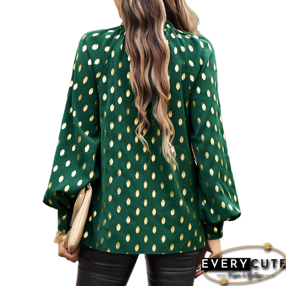 Green Notched Neck Pleated Cuffs Long Sleeve Tops