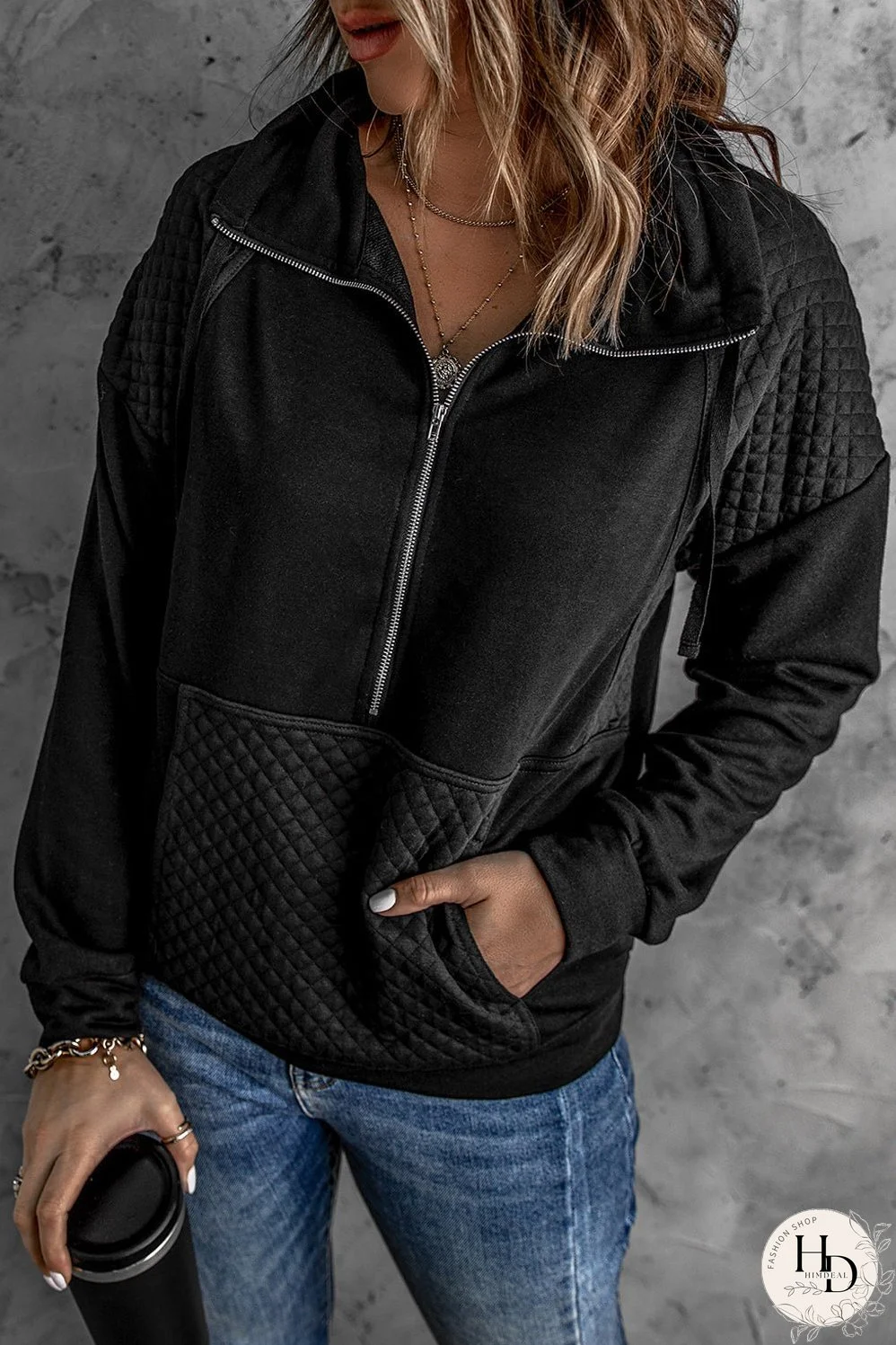 Black Quilted Patch Half Zipper Sweatshirt