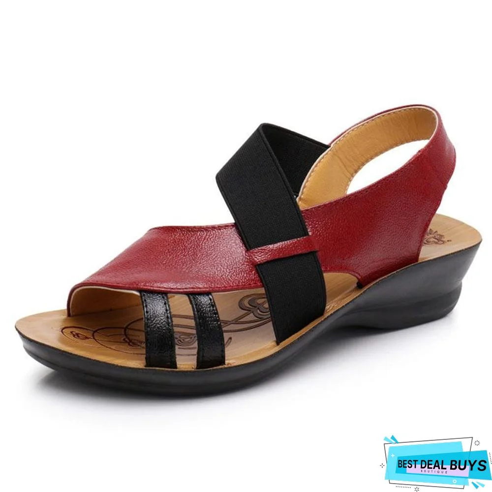 Women Slip-On Leather Sandals Peep Toe Soft Slippers Flat Shoes