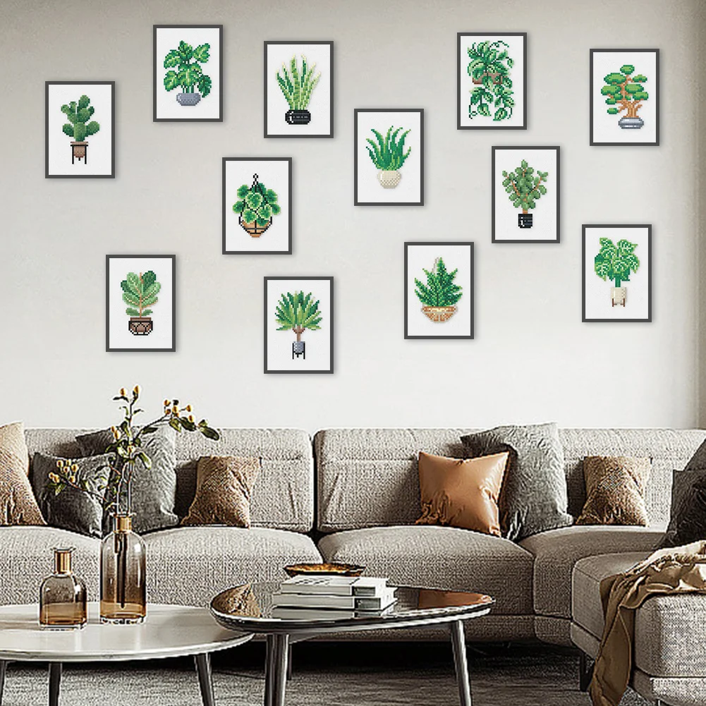 12pcs Plants DIY Mini Square Diamond Painting for Desktop Decor No Frame(14*18cm)