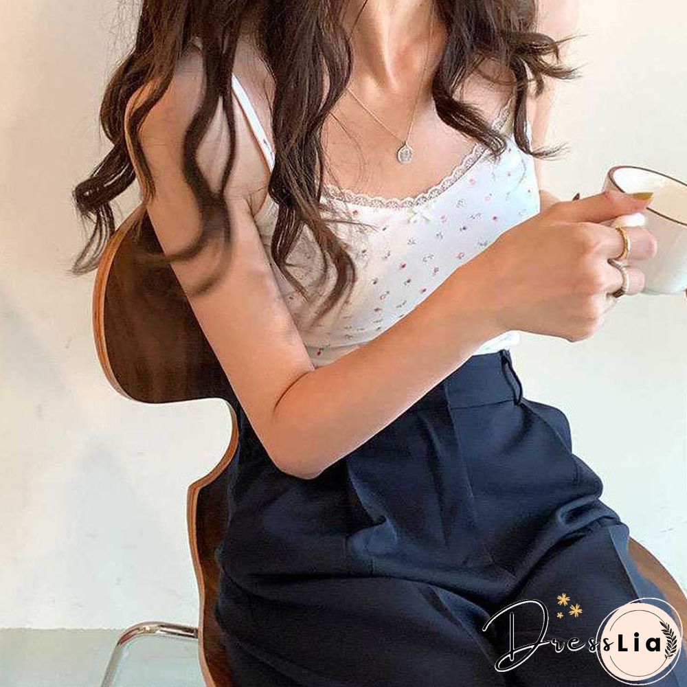 Ribbed Knit Flower Prints Cropped Cami Tops Lace Trim Tank