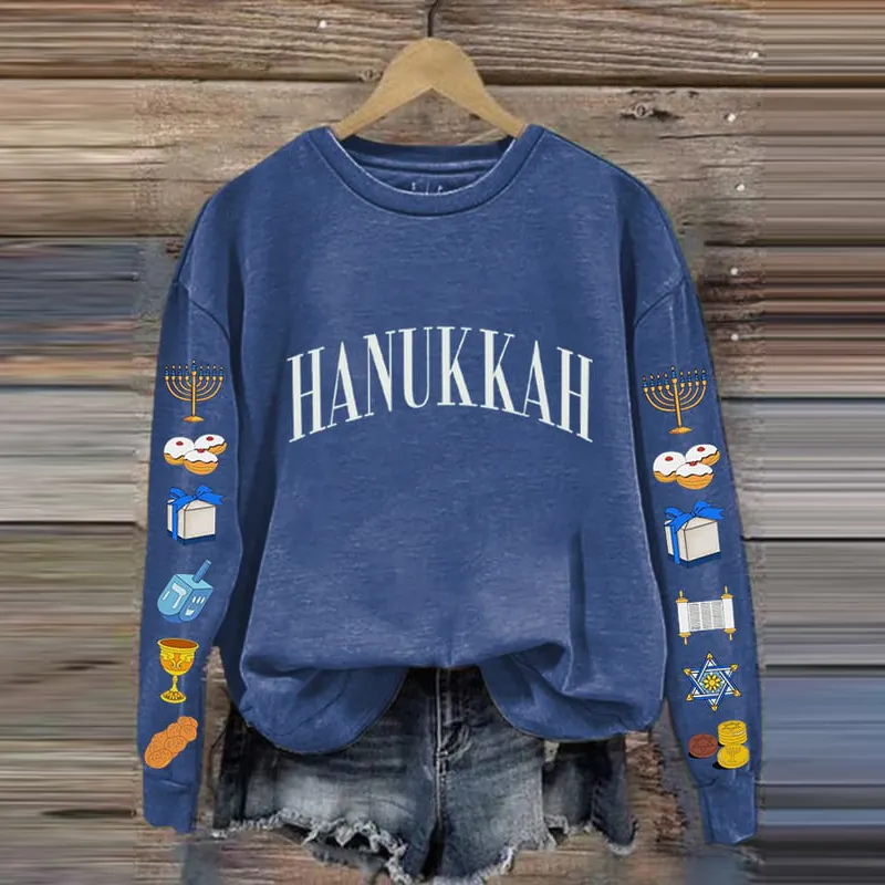 Women's Hanukkah Printed Crew Neck Casual Sweatshirt