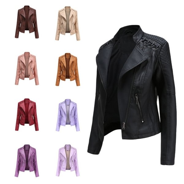 Ladies Fashion Spring and Autumn Short Slim Thin Leather Jacket Motorcycle Suit - BlackFridayBuys
