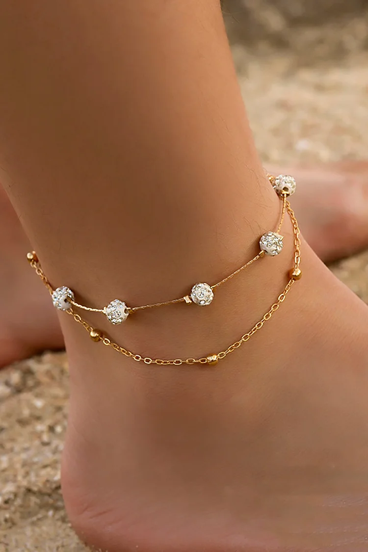 Rhinestone Beads Alloy Layered Chain Fashion Anklets