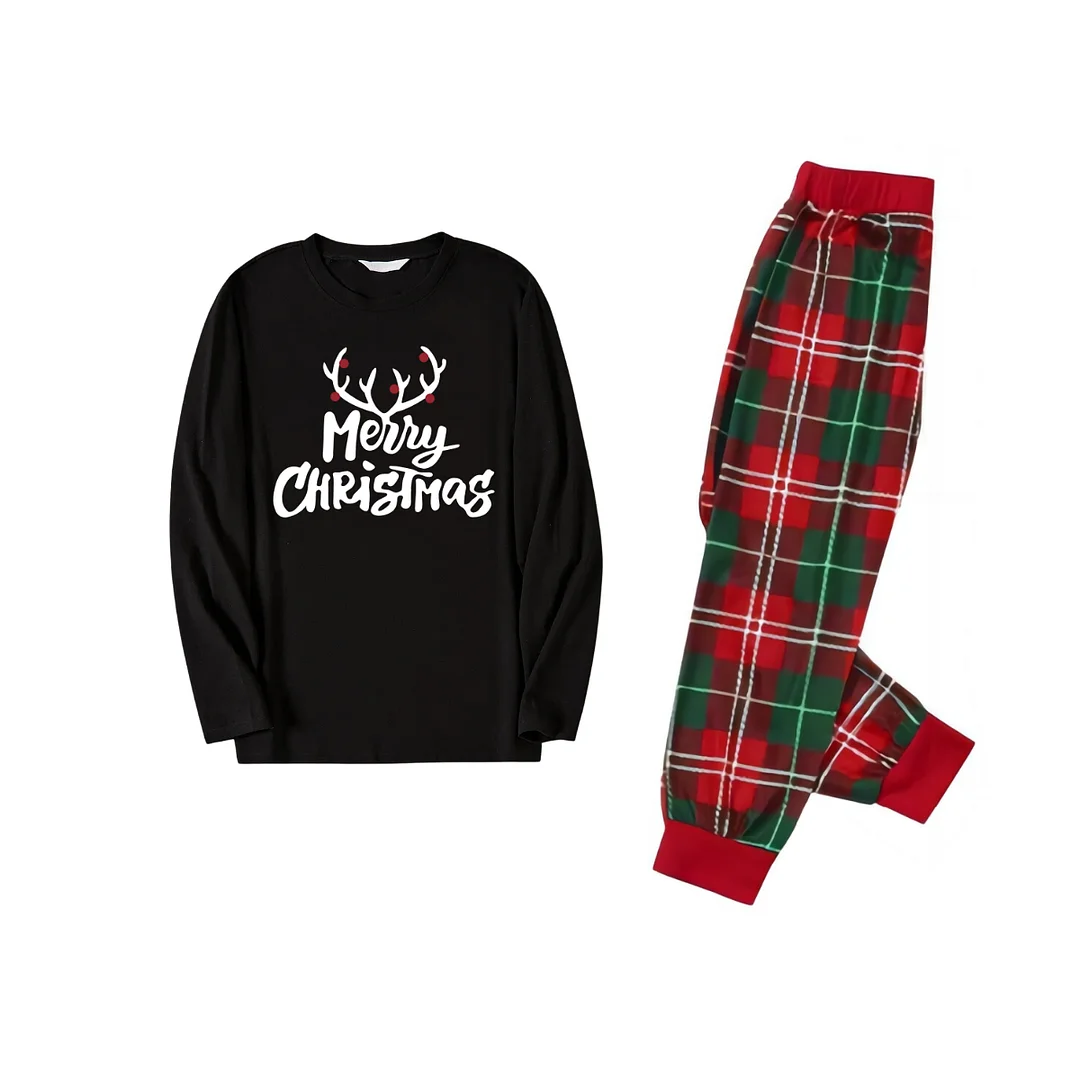 Merry Chirstmas Text And Deer Pattern Black Top Red and Green Plaid Family Matching Pajamas