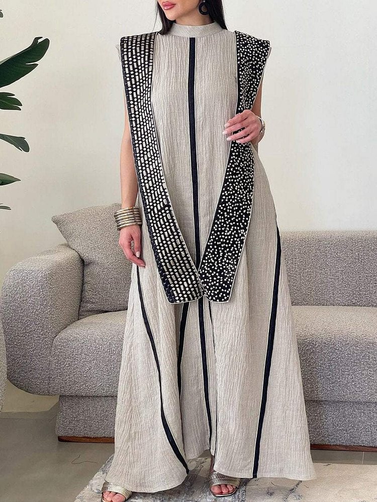 Elegant Geometric Print Sleeveless Mock Neck Dress