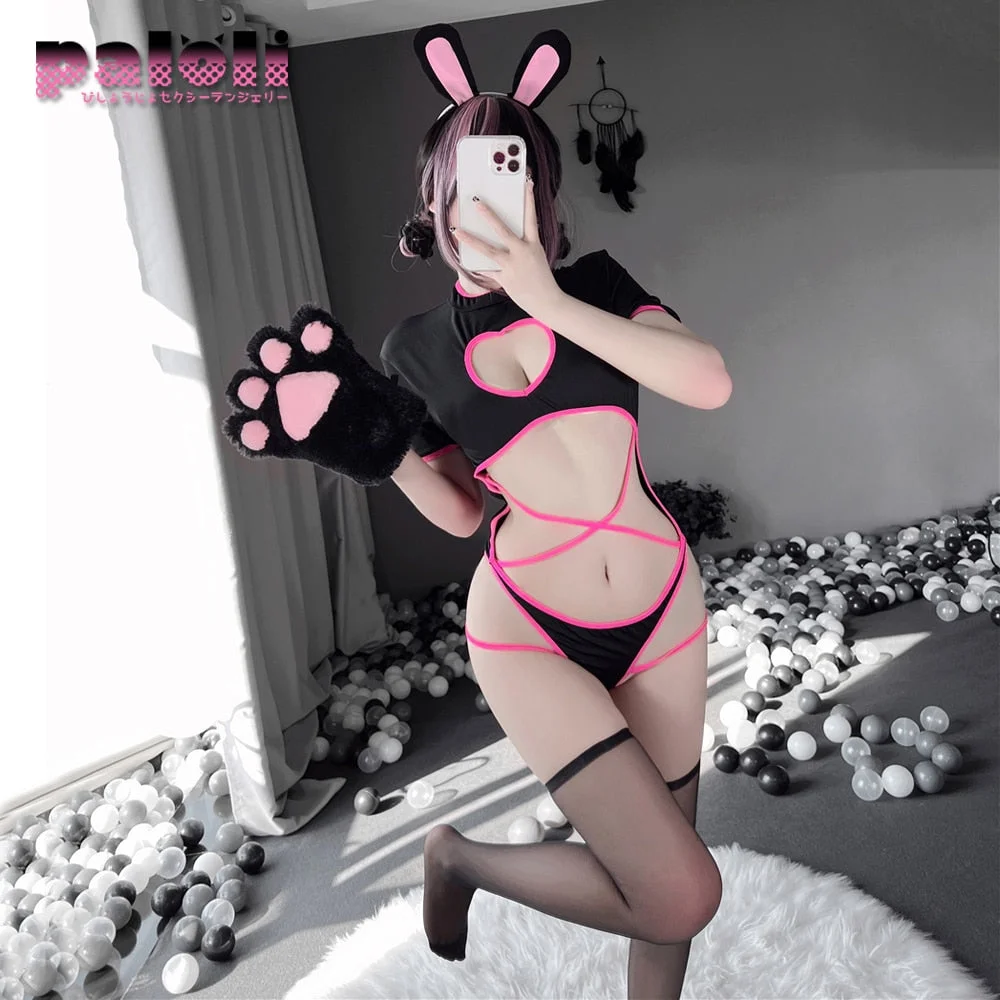 Paloli Sexy Women Bodysuit Heart-Shaped Hollow Design Black And Pink Bunny Cosplay Costumes Tempatation Lingerie Skinny 2021 New