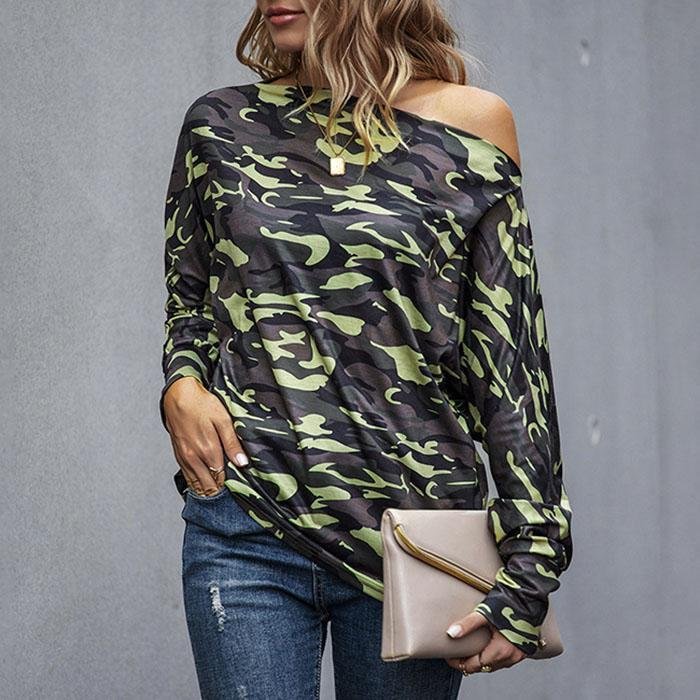 Camouflage Boat Neck Batwing T-Shirt Blouse For Women MusePointer