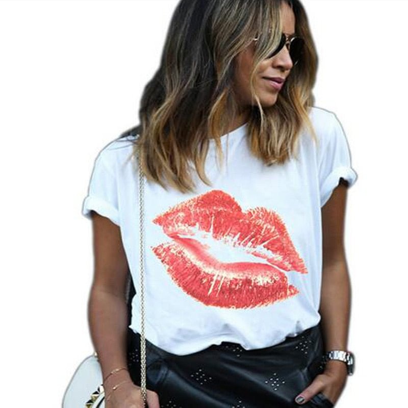 Summer T Shirt Women Short Sleeve Lips Printed  Tee Casual Top Ladies Female T Shirts Punk Plus Size Woman Clothing