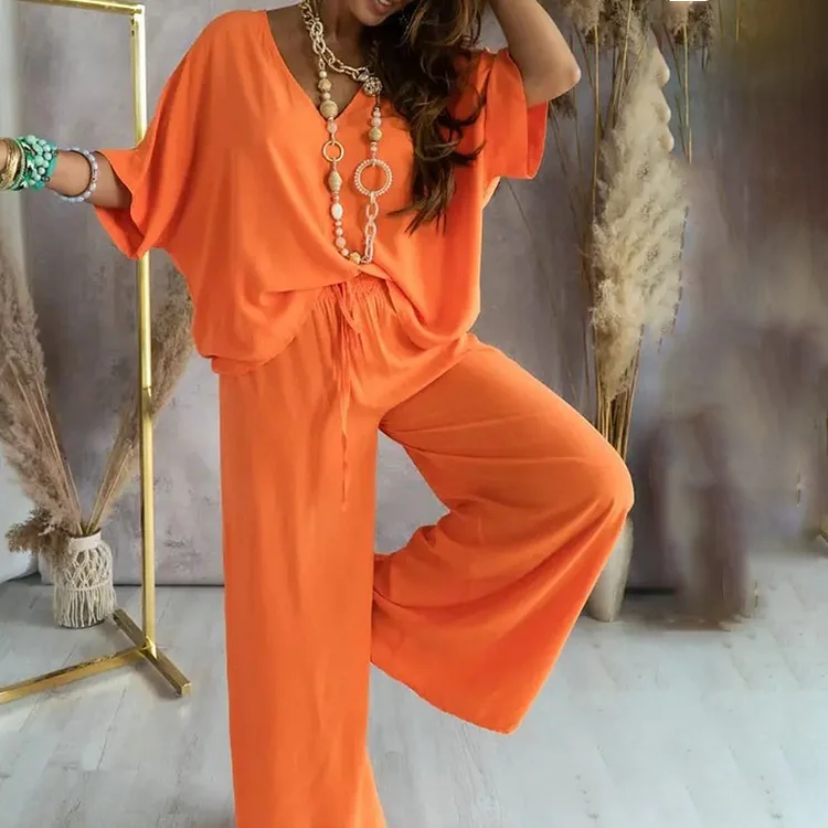 Casual Loose V-Neck Solid Color Two Piece Set