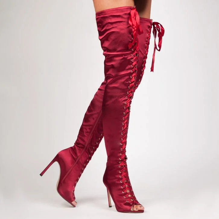 Red Satin Lace Up Thigh High Stiletto Heel Boots Vdcoo